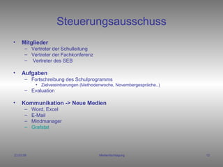 Steuerungsausschuss Mitglieder Vertreter der Schulleitung Vertreter der Fachkonferenz Vertreter des SEB Aufgaben Fortschreibung des Schulprogramms Zielvereinbarungen (Methodenwoche, Novembergespräche..) Evaluation Kommunikation -> Neue Medien Word, Excel E-Mail Mindmanager Grafstat 