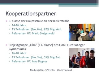 Kooperationspartner 8. Klasse der Hauptschule an der Ridlerstraße  14-16 Jahre  15 Teilnehmer  (9m, 6w) , 87% MigraAnt. Referenten: UT, Mario Steigerwald  Projektgruppe „Film“ (11. Klasse) des Lion Feuchtwanger Gymnasiums  16-18 Jahre  13 Teilnehmer  (8m, 3w) , 55% MigrAnt. Referenten: UT, Jana Dugnus Mediengelder: SPIELfilm – Ulrich Tausend 