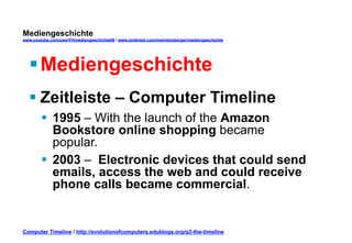Mediengeschichte 
www.youtube.com/user/FHmediengeschichte09 / www.pinterest.com/mwintersberger/mediengeschichte 
§ Mediengeschichte 
§ Zeitleiste – Computer Timeline 
§ 1995 – With the launch of the Amazon 
Bookstore online shopping became 
popular. 
§ 2003 – Electronic devices that could send 
emails, access the web and could receive 
phone calls became commercial. 
Computer Timeline / http://evolutionofcomputers.edublogs.org/q3-the-timeline 
 