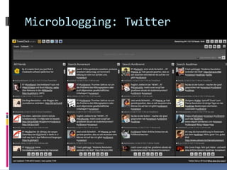 Starker Bezug zur realen WeltVorteile und ProblemeKommunikation mit Freunden/KollegenNeuigkeiten aus dem NetzwerkSichtbarkeitStalkingCybermobbingEine Menge personalisierter DatenIdentifikation von „hotspots“Bildung von GruppenBeziehungs-managementSoziale und kulturelle Differenzierung der Netzwerke