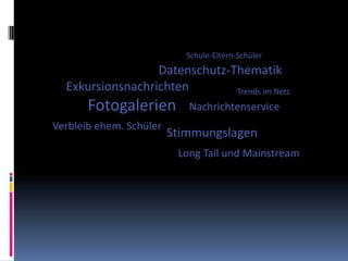 Ein paar Links und IdeenBeispiele im Netz: www.gym-hartberg.ac.atschool4u.at/blog/elefantenklasse.de/startseite/homeSoftware bzw. Hosting: Wordpress, blogger, twoday