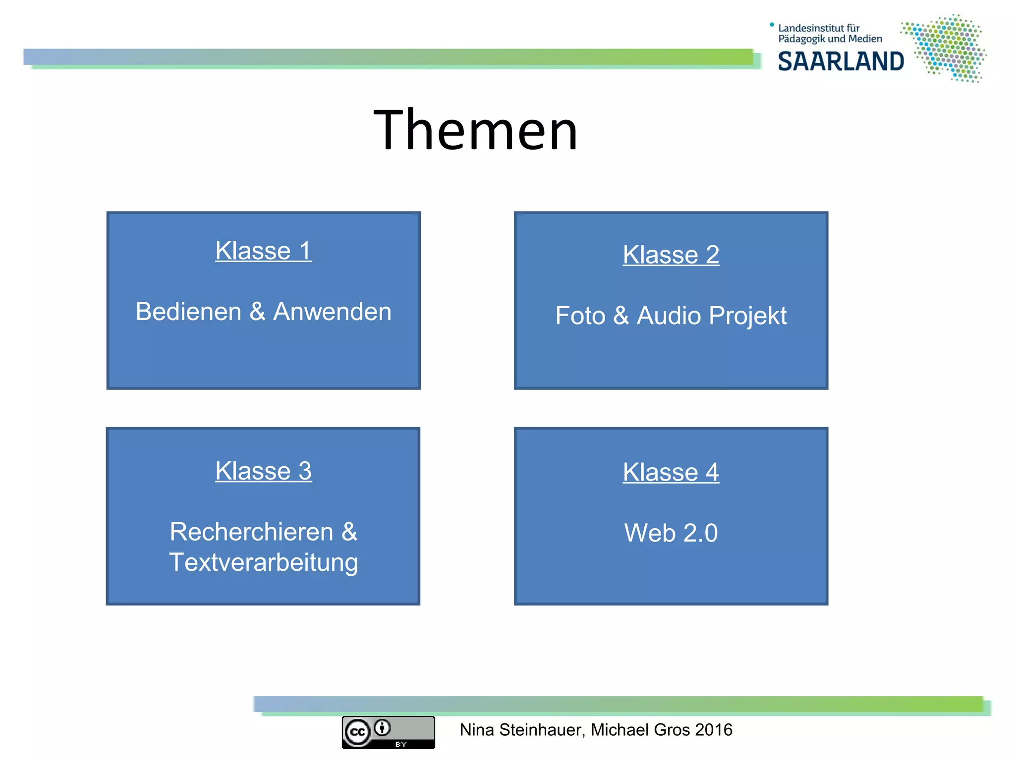 Nina Steinhauer, Michael Gros 2016
Themen
Klasse 1
Bedienen & Anwenden
Klasse 4
Web 2.0
Klasse 3
Recherchieren &
Textverarbeitung
Klasse 2
Foto & Audio Projekt
 