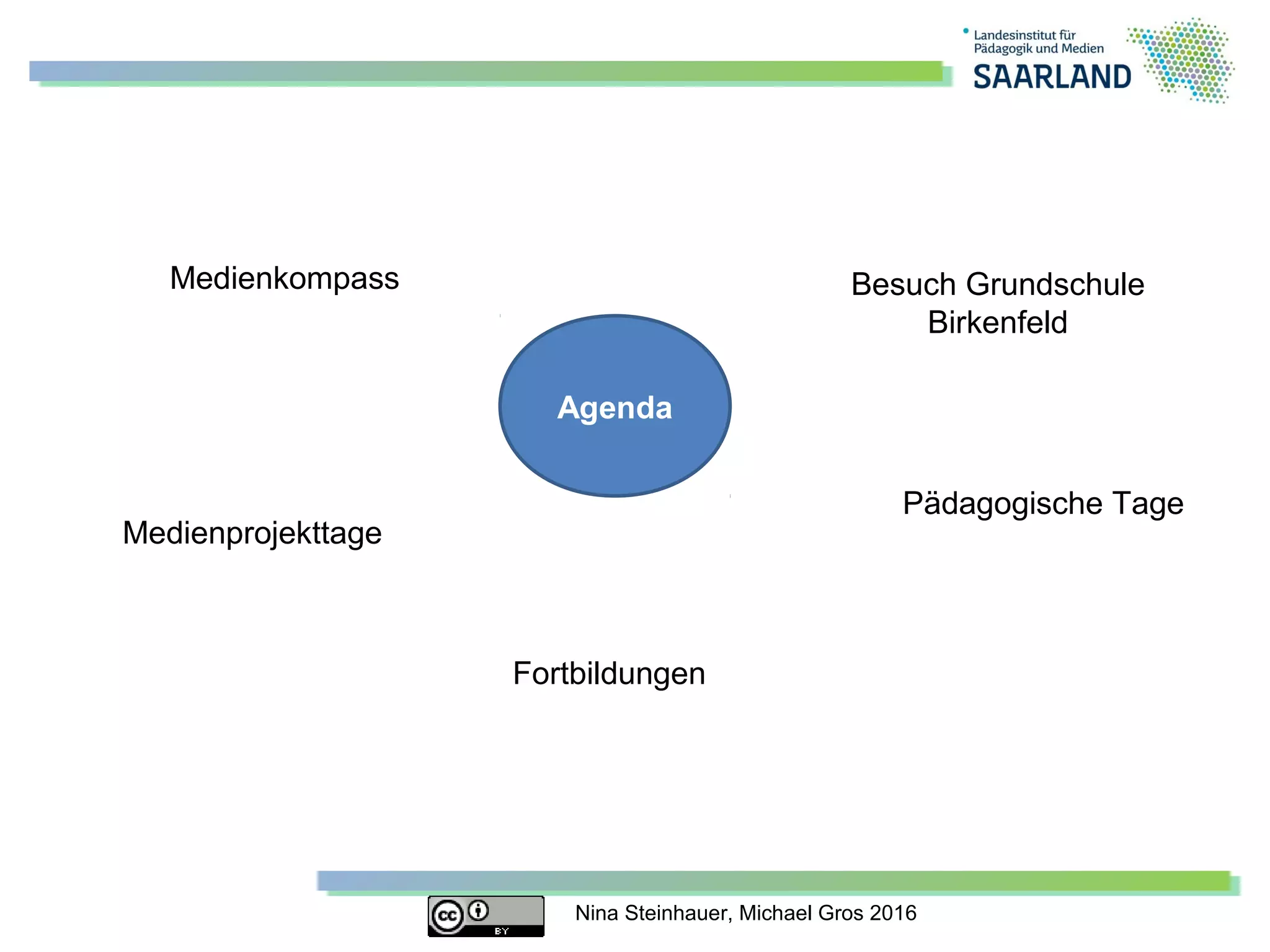 Nina Steinhauer, Michael Gros 2016
Agenda
Medienkompass
Medienprojekttage
Fortbildungen
Pädagogische Tage
Besuch Grundschule
Birkenfeld
 