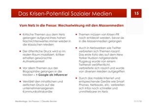 Vom Netz in die Presse: Wechselwirkung mit den Massenmedien
  Kritische Themen aus dem Netz
gelangen aufgrund ihres hohen
Nachrichtenwertes immer wieder in
die klassischen Medien
  Der öffentliche Druck wird so im
realen Raum mobilisiert, Kritiker
erhalten gewünschte
Aufmerksamkeit
  Vor allem Themen aus der
Blogosphäre gelangen in die
Medien - > Google als Influencer
  Verstärkt den inhaltlichen und
zeitlichen Druck auf die
unternehmenseigenen
Kommunikatinskanäle
  Themen müssen von Krisen-PR
noch entdeckt werden, bevor sie
in die Massenmedien gelangen
  Auch in Netzwerken wie Twitter
verbreiten sich Themen rasant:
Das erste Foto des auf dem New
Yorker Hudson notgelandete
Flugzeug wurde von einem
Twitterati veröffentlicht,
verbreitete sich rasant und wurde
von diversen Medien aufgegriffen
  Durch das mobile Internet und
entsprechende Geräte wie Smart
Phones, Netbooks, etc. verbreiten
sich Infos noch schneller und
unmittelbarer im Netz
11/1/10Medientage, Uni Passau | Claudia Becker
15Das Krisen-Potential Sozialer Medien
 
