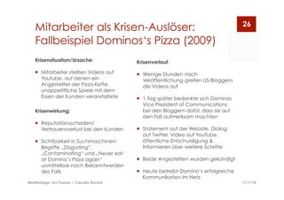 Mitarbeiter als Krisen-Auslöser:
Fallbeispiel Dominos‘s Pizza (2009)
11/1/10Medientage, Uni Passau | Claudia Becker
26
Krisenverlauf:
  Wenige Stunden nach
Veröffentlichung greifen US-Bloggern
die Videos auf
  1 Tag später bedankte sich Dominos
Vice President of Communications
bei den Bloggern dafür, dass sie auf
den Fall aufmerksam machten
  Statement auf der Website, Dialog
auf Twitter, Video auf YouTube,
öffentliche Entschuldigung &
Informieren über weitere Schritte
  Beide Angestellten wurden gekündigt
  Heute betreibt Domino‘s erfolgreiche
Kommunikation im Netz
Krisensituation/Ursache:
  Mitarbeiter stellten Videos auf
Youtube, auf denen ein
Angestellter der Pizza-Kette
unappetitliche Spiele mit dem
Essen der Kunden veranstaltete
Krisenwirkung:
  Reputationsschaden/
Vertrauensverlust bei den Kunden
  Sichtbarkeit in Suchmaschinen:
Begriffe „Disgusting“,
„Contaminating“ und „Never eat
at Domino’s Pizza again“
unmittelbar nach Bekanntwerden
des Falls
 