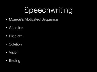 Speechwriting
•

Monroe's Motivated Sequence

•

Attention

•

Problem

•

Solution

•

Vision

•

Ending

 