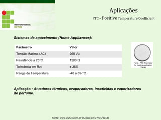 Aplicações
PTC – Positive Temperature Coefficient
Sistemas de aquecimento (Home Appliances):
Aplicação : Atuadores térmicos, evaporadores, inseticidas e vaporizadores
de perfume.
Parâmetro Valor
Tensão Máxima (AC) 265 VAC
Resistência a 25°C 1200 Ω
Tolerância em R25 ± 35%
Range de Temperatura -40 a 85 °C
Fonte: www.vishay.com.br (Acesso em 27/04/2013)
Fonte: PTC Thermistor
for heating application
Vishay
 