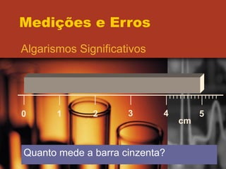 Medições e Erros Algarismos Significativos 0 1 2 3 4 5 cm Quanto mede a barra cinzenta? 