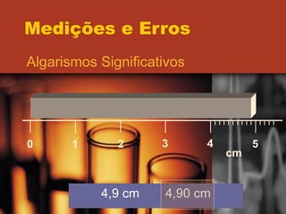 Medições e Erros Algarismos Significativos 0 1 2 3 4 5 cm 4,9 cm   4,90 cm 