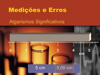 Medições e Erros Algarismos Significativos 0 1 2 3 4 5 cm 5 cm    5,00 cm 
