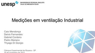 Medições em ventilação Industrial
Caio Mendonça
Deivis Fernandes
Gabriel Cordeiro
Pedro Mariano
Thyago Di Giorgio
Câmpus Experimental de Rosana - SP 1
 