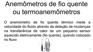 Anemômetros de fio quente
ou termoanemômetros
O anemómetro de fio quente térmico mede a
velocidade do fluido através da deteção de mudanças
na transferência de calor de um pequeno sensor
aquecido eletricamente (fio quente), quando colocado
no fluxo
30
 