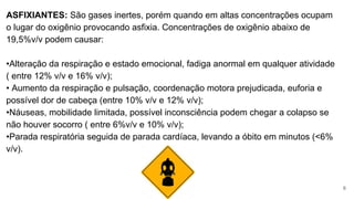 ASFIXIANTES: São gases inertes, porém quando em altas concentrações ocupam
o lugar do oxigênio provocando asfixia. Concentrações de oxigênio abaixo de
19,5%v/v podem causar:
•Alteração da respiração e estado emocional, fadiga anormal em qualquer atividade
( entre 12% v/v e 16% v/v);
• Aumento da respiração e pulsação, coordenação motora prejudicada, euforia e
possível dor de cabeça (entre 10% v/v e 12% v/v);
•Náuseas, mobilidade limitada, possível inconsciência podem chegar a colapso se
não houver socorro ( entre 6%v/v e 10% v/v);
•Parada respiratória seguida de parada cardíaca, levando a óbito em minutos (<6%
v/v).
6
 