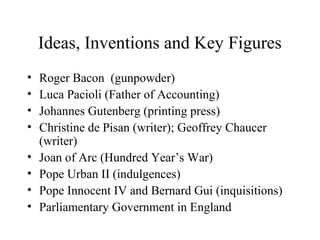 Ideas, Inventions and Key Figures
• Roger Bacon (gunpowder)
• Luca Pacioli (Father of Accounting)
• Johannes Gutenberg (printing press)
• Christine de Pisan (writer); Geoffrey Chaucer
(writer)
• Joan of Arc (Hundred Year’s War)
• Pope Urban II (indulgences)
• Pope Innocent IV and Bernard Gui (inquisitions)
• Parliamentary Government in England
 