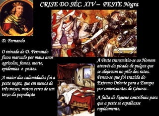 CRISE DO SÉC. XIV –  PESTE Negra O reinado de D. Fernando ficou marcado por maus anos agrícolas, fomes, morte, epidemias  e  pestes. A maior das calamidades foi a peste negra, que em menos de três meses, matou cerca de um terço da população D. Fernando A Peste transmitia-se ao Homem através da picada de pulgas que se alojavam no pêlo dos ratos. Pensa-se que foi trazida do Extremo Oriente para a Europa por comerciantes de Génova  . A falta de higiene contribuiu para que a peste se espalhasse rapidamente. 