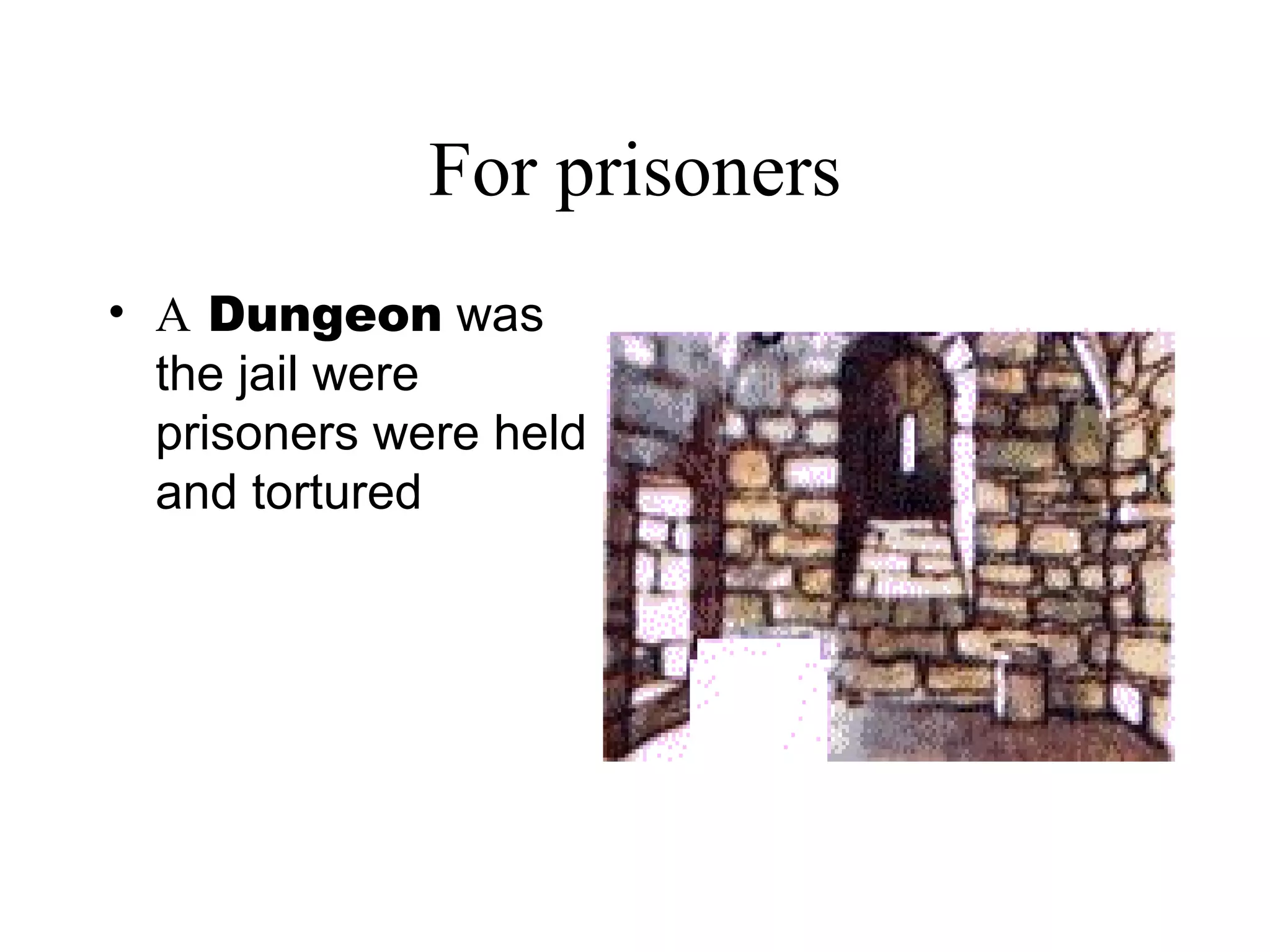 For prisoners
• A Dungeon was
  the jail were
  prisoners were held
  and tortured
 