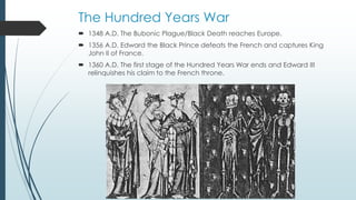 The Hundred Years War 
 1348 A.D. The Bubonic Plague/Black Death reaches Europe. 
 1356 A.D. Edward the Black Prince defeats the French and captures King 
John II of France. 
 1360 A.D. The first stage of the Hundred Years War ends and Edward III 
relinquishes his claim to the French throne. 
 