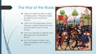 The War of the Roses 
 1466 A.D. Warwick starts to fight 
with Edward IV. Warwick makes 
an alliance with Louis XI of 
France. 
 1470 A.D. The Kingmaker, Earl of 
Warwick, defeats Edward IV and 
puts Richard VI back on the 
throne. 
 1471 A.D. Edward IV defeats and 
kills Warwick in the Battle of 
Barnet. 
 1471 A.D. Henry VI dies; most 
likely murdered in the Tower of 
London. 
 