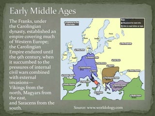 The Franks, under
the Carolingian
dynasty, established an
empire covering much
of Western Europe;
the Carolingian
Empire endured until
the 9th century, when
it succumbed to the
pressures of internal
civil wars combined
with external
invasions—
Vikings from the
north, Magyars from
the east,
and Saracens from the
south. Source: www.worldology.com
 