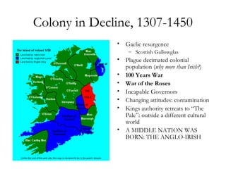 Colony in Decline, 1307-1450
              • Gaelic resurgence
                  – Scottish Gallowglas
              • Plague decimated colonial
                population (why more than Irish?)
              • 100 Years War
              • War of the Roses
              • Incapable Governors
              • Changing attitudes: contamination
              • Kings authority retreats to “The
                Pale”: outside a different cultural
                world
              • A MIDDLE NATION WAS
                BORN: THE ANGLO-IRISH
 