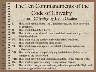 The Ten Commandments of the
Code of Chivalry
From Chivalry by Leon Gautier
I. Thou shalt believe all that the Church teaches, and shalt observe all
its directions.
II. Thou shalt defend the Church.
III. Thou shalt respect all weaknesses, and shalt constitute thyself the
defender of them.
IV. Thou shalt love the country in the which thou wast born.
V. Thou shalt not recoil before thine enemy.
VI. Thou shalt make war against the Infidel without cessation, and
without mercy.
VII. Thou shalt perform scrupulously thy feudal duties, if they be not
contrary to the laws of God.
VIII. Thou shalt never lie, and shall remain faithful to thy pledged word.
IX. Thou shalt be generous, and give largess to everyone.
X. Thou shalt be everywhere and always the champion of the Right and
the Good against Injustice and Evil.
 