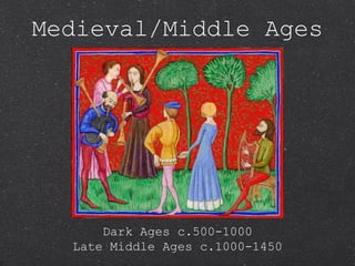 Medieval/Middle Ages




      Dark Ages c.500-1000
  Late Middle Ages c.1000-1450
 