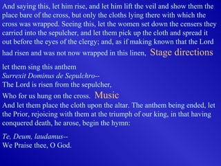 And saying this, let him rise, and let him lift the veil and show them the
place bare of the cross, but only the cloths lying there with which the
cross was wrapped. Seeing this, let the women set down the censers they
carried into the sepulcher, and let them pick up the cloth and spread it
out before the eyes of the clergy; and, as if making known that the Lord
had risen and was not now wrapped in this linen, Stage directions
let them sing this anthem
Surrexit Dominus de Sepulchro--
The Lord is risen from the sepulcher,
Who for us hung on the cross. Music
And let them place the cloth upon the altar. The anthem being ended, let
the Prior, rejoicing with them at the triumph of our king, in that having
conquered death, he arose, begin the hymn:
Te, Deum, laudamus--
We Praise thee, O God.
 