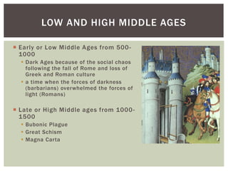  Early or Low Middle Ages from 500-
1000
 Dark Ages because of the social chaos
following the fall of Rome and loss of
Greek and Roman culture
 a time when the forces of darkness
(barbarians) overwhelmed the forces of
light (Romans)
 Late or High Middle ages from 1000-
1500
 Bubonic Plague
 Great Schism
 Magna Carta
LOW AND HIGH MIDDLE AGES
 