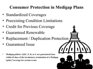 Consumer Protection in Medigap Plans Standardized Coverages Preexisting Condition Limitations Credit for Previous Coverage Guaranteed Renewable Replacement / Duplication Protection Guaranteed Issue Medigap policies A,B,C, F, K, or L are guaranteed issue  within 63 days of the involuntary termination of a Medigap “ policy”coverage for certain events 