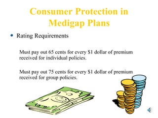 Consumer Protection in Medigap Plans Rating Requirements Must pay out 65 cents for every $1 dollar of premium received for individual policies. Must pay out 75 cents for every $1 dollar of premium received for group policies. 