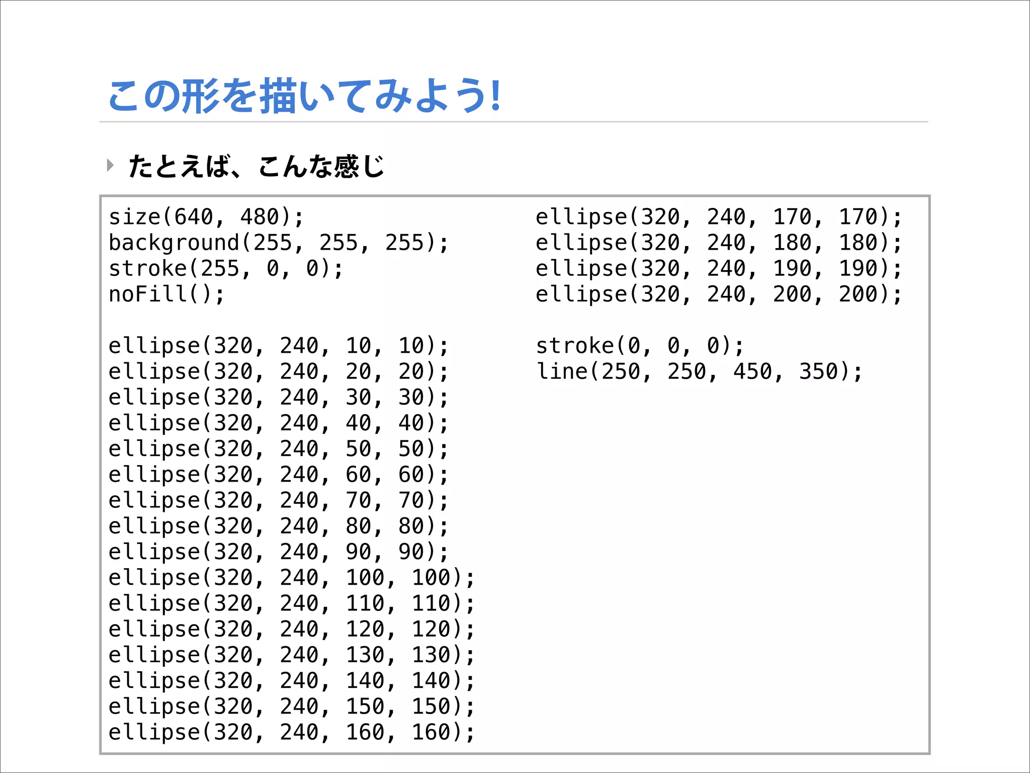 この形を描いてみよう!
‣ たとえば、こんな感じ
size(640, 480);
background(255, 255, 255);
stroke(255, 0, 0);
noFill();

ellipse(320,
ellipse(320,
ellipse(320,
ellipse(320,

ellipse(320,
ellipse(320,
ellipse(320,
ellipse(320,
ellipse(320,
ellipse(320,
ellipse(320,
ellipse(320,
ellipse(320,
ellipse(320,
ellipse(320,
ellipse(320,
ellipse(320,
ellipse(320,
ellipse(320,
ellipse(320,

stroke(0, 0, 0);
line(250, 250, 450, 350);

!

240,
240,
240,
240,
240,
240,
240,
240,
240,
240,
240,
240,
240,
240,
240,
240,

10, 10);
20, 20);
30, 30);
40, 40);
50, 50);
60, 60);
70, 70);
80, 80);
90, 90);
100, 100);
110, 110);
120, 120);
130, 130);
140, 140);
150, 150);
160, 160);

!

240,
240,
240,
240,

170,
180,
190,
200,

170);
180);
190);
200);

 