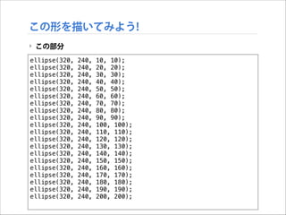 この形を描いてみよう!
‣ この部分
ellipse(320,
ellipse(320,
ellipse(320,
ellipse(320,
ellipse(320,
ellipse(320,
ellipse(320,
ellipse(320,
ellipse(320,
ellipse(320,
ellipse(320,
ellipse(320,
ellipse(320,
ellipse(320,
ellipse(320,
ellipse(320,
ellipse(320,
ellipse(320,
ellipse(320,
ellipse(320,

!

240,
240,
240,
240,
240,
240,
240,
240,
240,
240,
240,
240,
240,
240,
240,
240,
240,
240,
240,
240,

10, 10);
20, 20);
30, 30);
40, 40);
50, 50);
60, 60);
70, 70);
80, 80);
90, 90);
100, 100);
110, 110);
120, 120);
130, 130);
140, 140);
150, 150);
160, 160);
170, 170);
180, 180);
190, 190);
200, 200);

 