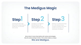 The Medigus Magic
partnering with early stage,
high-end technology companies
(usually from our local Israeli
start-up hub)
Leveraging our management
extensive expertise and
networking. Expose it to new
markets, experts and end users.
Step1 Step2 Step3
Breeding a conceptual technology
into a real, existing company.
Company is trading in multi million
valuation, brining value to its
shareholders and Medigus’
We’ve done it many times before with various technologies.
We will continue doing it further. This is what makes us unique.
We are Medigus.
 