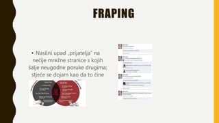 FRAPING
• Nasilni upad „prijatelja” na
nečije mrežne stranice s kojih
šalje neugodne poruke drugima;
stječe se dojam kao da to čine
vlasnici profila.
 
