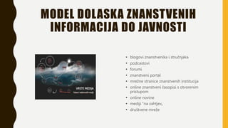 MODEL DOLASKA ZNANSTVENIH
INFORMACIJA DO JAVNOSTI
• blogovi znanstvenika i stručnjaka
• podcastovi
• forumi
• znanstveni portal
• mrežne stranice znanstvenih institucija
• online znanstveni časopisi s otvorenim
pristupom
• online novine
• mediji "na zahtjev„
• društvene mreže
 