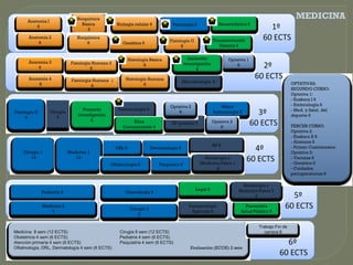 Anatomía I
                                 Bioquímica                                                                                                           MEDICINA
                                   Básica           Biología celular 6             Psicología 6                Bioestadística 6
          6
                                      6                                                                                                1º
      Anatomía 2
          6
                                 Bioquímica
                                     6                                            Fisiología G              Documentación            60 ECTS
                                                       Genética 6
                                                                                        6                     Historia 6


                                                            Histología Básica                 Iniciación           Optativa 1
      Anatomía 3              Fisiología Humana 2                                           investigación
          6                             8
                                                                    6
                                                                                                   6
                                                                                                                       6            2º
      Anatomía 4              Fisiología Humana 1       Histología Humana                                                         60 ECTS
                                                                                          Microbiología 8                                           OPTATIVAS:
           8                            6                        6
                                                                                                                                                    SEGUNDO CURSO:
                                                                                                                                                    Optativa 1:
                                                                                                                                                    - Euskera I 6
                                                                                  Optativa 2                   Micro                                - Embriología 6
                                   Proyecto          Farmacología 6                                                                                 - Med. y fisiol. del
Patología G
     9
                   Cirugía
                      9
                                 investigación
                                                                                      6                     Inmunología 6         3º                deporte 6
                                       6                   Ética
                                                       Comunicación 6
                                                                                   AP general 6             Optativa 3
                                                                                                                6
                                                                                                                                60 ECTS             TERCER CURSO:
                                                                                                                                                    Optativa 2:
                                                                                                                                                    - Euskara II 6
                                                                                                                                                    - Alumnos 6
                                                                                                            AP 6
    Cirugía 1                Medicina 1
                                                    ORL 6                Dermatología 6                                        4º                   - Primer Cuatrimestre:
                                                                                                                                                    Optativa 3:
       12                       12                                                                  Radiología y
                                                                                                   Medicina Física 1
                                                                                                                             60 ECTS                - Vacunas 6
                                                                                                                                                    - Genética 6
                                                 Oftalmología 6              Psiquiatra 6
                                                                                                          6                                         - Cuidados
                                                                                                                                                    perioperatorios 6

                                                                                                                          Radiología y
                                                                                                 Legal 6                 Medicina Física 2
              Pediatría 9                               Ginecología 9
                                                                                                                                6                5º
              Medicina 2
                  9
                                                             Cirugía 2
                                                                                              Farmacología
                                                                                               Aplicada 6
                                                                                                                            Preventiva
                                                                                                                          Salud Públíca 6
                                                                                                                                               60 ECTS
                                                                 9

                                                                                                                                   Trabajo Fin de
Medicina 8 sem (12 ECTS)                             Cirugía 8 sem (12 ECTS)                                                          carrera 6
Obstetricia 4 sem (6 ECTS)                           Pediatria 4 sem (6 ECTS)
Atención primaria 4 sem (6 ECTS)                     Psiquiatría 4 sem (6 ECTS)                                                                6º
Oftalmologia, ORL, Dermatología 4 sem (6 ECTS)                                                 Evaluación (ECOE) 2 sem
                                                                                                                                             60 ECTS
 