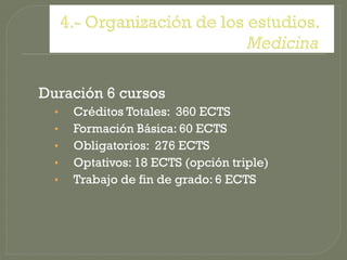 Duración 6 cursos
  •   Créditos Totales: 360 ECTS
  •   Formación Básica: 60 ECTS
  •   Obligatorios: 276 ECTS
  •   Optativos: 18 ECTS (opción triple)
  •   Trabajo de fin de grado: 6 ECTS
 