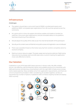 Page | 06
Infrastructure
Challenges
◆ The system should take a concurrent load of 10000+ enrolled participants and
additional 3000+ anticipated spot registrations from 28 countries spread across five
continents.
◆ At a given point in time, the system should be scalable and stable to handle live
webinars, concurrent spot registrations, and pre-recorded videos on the platform.
Seamless streaming of live webinars.
◆ Should adjust the quality of the video as per the internet bandwidth of the participant.
◆ Security as the content was confidential and public access and registration was not allowed.
◆ There was a possible threat to information security from another competitor pharma
ceutical company.
◆ Optimum server resource usage- The peak usage was during live webinars. Right-sizing
resources during steady-state and idle state were crucial to making the application
more cost-effective to clients.
Our Solution
Codelattice is one of the best AWS Select partners in Kerala, India. We offer reliable,
secure, cost-effective, well-Architected, hybrid, and scalable solutions for enterprises with
AWS partnership. Architecting a cloud solution with the right AWS infrastructure compo-
nents needs expertise. Many variables come from application requirements, and there are
a lot of components provided in AWS. Considering all variables together, we face an
overwhelming number of options. Codelattice AWS architects expertly handle and deploy
AWS routinely.
 