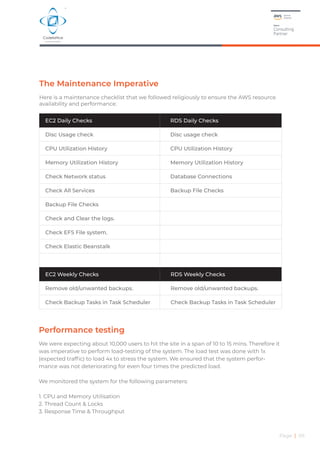 Page | 09
The Maintenance Imperative
Here is a maintenance checklist that we followed religiously to ensure the AWS resource
availability and performance.
Performance testing
We were expecting about 10,000 users to hit the site in a span of 10 to 15 mins. Therefore it
was imperative to perform load-testing of the system. The load test was done with 1x
(expected traffic) to load 4x to stress the system. We ensured that the system perfor-
mance was not deteriorating for even four times the predicted load.
We monitored the system for the following parameters:
1. CPU and Memory Utilisation
2. Thread Count & Locks
3. Response Time & Throughput
RDS Daily Checks
Disc usage check
CPU Utilization History
Memory Utilization History
Database Connections
Backup File Checks
EC2 Daily Checks
Disc Usage check
CPU Utilization History
Memory Utilization History
Check Network status
Check All Services
Backup File Checks
Check and Clear the logs.
Check EFS File system.
Check Elastic Beanstalk
EC2 Weekly Checks
Remove old/unwanted backups.
Check Backup Tasks in Task Scheduler
RDS Weekly Checks
Remove old/unwanted backups.
Check Backup Tasks in Task Scheduler
 