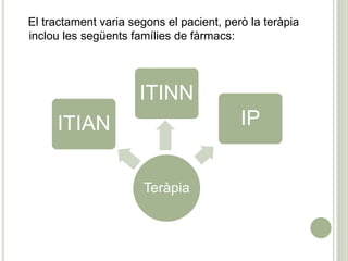El tractament varia segons el pacient, però la teràpia
inclou les següents famílies de fàrmacs:
Teràpia
ITIAN
ITINN
IP
 