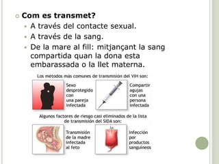  Com es transmet?
 A través del contacte sexual.
 A través de la sang.
 De la mare al fill: mitjançant la sang
compartida quan la dona esta
embarassada o la llet materna.
 