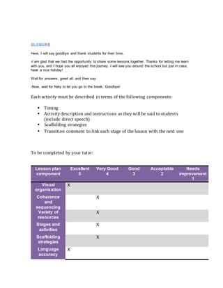 Here, I will say goodbye and thank students for their time.
-I am glad that we had the opportunity to share some lessons together. Thanks for letting me learn
with you, and I hope you all enjoyed this journey. I will see you around the school but just in case,
have a nice holiday!
Wait for answers, greet all, and then say:
-Now, wait for Naty to let you go to the break. Goodbye!
Each activity must be described in terms of the following components:
 Timing
 Activitydescription and instructions as they will be said to students
(include direct speech)
 Scaffolding strategies
 Transition comment to link each stage of the lesson with the next one
To be completed by your tutor:
Lesson plan
component
Excellent
5
Very Good
4
Good
3
Acceptable
2
Needs
improvement
1
Visual
organization
X
Coherence
and
sequencing
X
Variety of
resources
X
Stages and
activities
X
Scaffolding
strategies
X
Language
accuracy
X
 