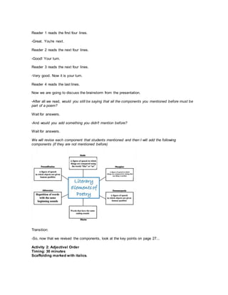 Reader 1 reads the first four lines.
-Great. You're next.
Reader 2 reads the next four lines.
-Good! Your turn.
Reader 3 reads the next four lines.
-Very good. Now it is your turn.
Reader 4 reads the last lines.
Now we are going to discuss the brainstorm from the presentation.
-After all we read, would you still be saying that all the components you mentioned before must be
part of a poem?
Wait for answers.
-And would you add something you didn't mention before?
Wait for answers.
We will revise each component that students mentioned and then I will add the following
components (if they are not mentioned before)
Transition:
-So, now that we revised the components, look at the key points on page 27...
Activity 2: Adjectival Order
Timing: 30 minutes
Scaffolding marked with italics.
 