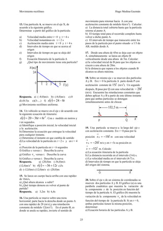 Movimiento rectilíneo Hugo Medina Guzmán
25
13. Una partícula A, se mueve en el eje X, de
acuerdo a la siguiente gráfica.
Determinar a partir del gráfico de la partícula:
a) Velocidad media entre t = 0 y t = 4 s
b) Velocidad instantánea en t = 2 s
c) Aceleración media entre t = 0 y t = 4 s
d) Intervalos de tiempo en que se acerca al
origen
e) Intervalos de tiempo en que se aleja del
origen
f) Ecuación Itinerario de la partícula A
g) ¿Qué tipo de movimiento tiene esta partícula?
Respuesta. a) ( -8;0)m/s b) (-8;0)m/s c) 0
d) (0-3)s e)(3-....) f) ( ) t
t
x 8
24 −
=
g) Movimiento rectilíneo uniforme.
14. Un vehículo se mueve en el eje x de acuerdo con
la siguiente ecuación de itinerario:
( ) 2
6
36
20 t
t
t
x +
−
= . Con x medido en metros y
t en segundos.
a) Identifique a posición inicial, la velocidad inicial
y la aceleración.
b) Determine la ecuación que entregue la velocidad
para cualquier instante.
c) Determine el instante en que cambia de sentido
d) La velocidad de la partícula en t = 2 s y en t = 4
s
e) Posición de la partícula en t = 6 segundos
f) Gráfico x versus t. Describa la curva
g) Gráfico x
v versus t. Describa la curva
h) Gráfico a versus t. Describa la curva
Respuesta. a) (20,0)m (-36,0)m/s
(12,0)m/s2
b) ( ) t
t
v 12
36 +
−
= c)3s
d) (-12,0)m/s (12,0)m/s e) (20,0)m
15. Se lanza un cuerpo hacia arriba con una rapidez
de 16m/s,
a) ¿Qué altura alcanza a subir?
b) ¿Qué tiempo demora en volver al punto de
partida?
Respuesta. a) 3,2m b) 6,4s
16. Una partícula se mueve sobre una recta
horizontal; parte hacia la derecha desde un punto A
con una rapidez de 28 (m/s) y una retardación
constante de módulo 12(m/s2
). En el punto B, es
donde se anula su rapidez, invierte el sentido de
movimiento para retornar hacia A con una
aceleración constante de módulo 6(m/s2
). Calcular:
a) La distancia total cubierta hasta que la partícula
retorne al punto A.
b) El tiempo total para el recorrido completo hasta
volver a dicho punto A.
c) El intervalo de tiempo que transcurre entre los
pasos de la partícula por el punto situado a 1/3 de
AB, medido desde A.
17. Desde una altura de 45m se deja caer un objeto
A. simultáneamente se lanza un objeto B
verticalmente desde una altura de 5m. Calcular:
a) la velocidad inicial de B para que los objetos se
crucen a una altura de 20m.
b) la distancia que separa a los objetos cuando B
alcanza su altura máxima.
18. Sobre un mismo eje x se mueven dos partículas
A y B. En t = 0 la partícula A parte desde P con
aceleración constate de i
ˆ
15 (m/s2
). Un segundo
después, B pasa por Q con una velocidad de i
ˆ
20
−
(m/s). Encuentre las retardaciones constantes que
deben aplicar A y B a partir de este último instante
para que ambas partículas se detengan
simultáneamente antes de chocar.
19. Una partícula se mueve a lo largo del eje x
con aceleración constante. En t = 0 pasa por la
posición i
x ˆ
10
0 −
=
→
m con una velocidad
i
v ˆ
20
0 −
=
→
m/s y en t =3s su posición es
i
x ˆ
52
−
=
→
m. Calcule:
a) La ecuación itineraria de la partícula
b) La distancia recorrida en el intervalo (3-6) s.
c) La velocidad media en el intervalo (4-7) s.
d) Intervalos de tiempo en que la partícula se aleja
del origen del sistema.
20. Sobre el eje x de un sistema de coordenadas se
mueven dos partículas A y B. El gráfico (a) es una
parábola cuadrática que muestra la variación de
la componente x de la posición en función del
tiempo de la partícula A. El gráfico (b) muestra la
variación de la componente x
v de la velocidad en
función del tiempo de la partícula B. Si en t = 0,
ambas partículas tienen la misma posición,
determinar:
a) Ecuación horaria de las partículas A y B.
 