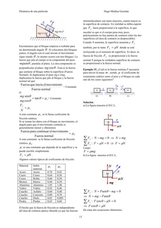 Dinámica de una partícula Hugo Medina Guzmán
13
Encontramos que el bloque empieza a resbalar para
un determinado ángulo θ . Si colocamos dos bloques
juntos, el ángulo con el cual inician el movimiento
sigue siendo θ , lo mismo ocurre con tres bloques. La
fuerza que jala al cuerpo es la componente del peso
θsenmg , paralela al plano. La otra componente es
perpendicular al plano θcosmg . Esta es la fuerza
que sostiene al bloque sobre la superficie (Fuerza
Normal). Si duplicarnos el peso mg a 2mg,
duplicamos la fuerza que jale al bloque y la fuerza
normal tal que:
normalFuerza
movimientoeliniciaqueFuerza
= Constante
O
s
mg
mg
μθ
θ
θ
== tan
cos
sen
= Constante
s
f
N
F
μ=
A esta constante sμ se le llama coeficiente de
fricción estática.
Si se toman los datos con el bloque en movimiento, el
ángulo para que el movimiento continúe es
generalmente menor y obtenemos
kμ=
normalFuerza
movimientoelcontinuarparaFuerza
A esta constante se le llama coeficiente de fricción
cinética kμ .
μ es una constante que depende de la superficie y se
puede escribir simplemente.
NFf μ= .
Algunos valores típicos de coeficientes de fricción.
Material Sobre
material
sμ kμ
Acero Acero 0,78 0,42
Cuero Cuero 0,64 0,56
Cuero Roble 0,60 0,50
Bronce Hierro 0,40 0,30
Aluminio Aluminio 1,05 1,40
Vidrio Vidrio 0,92 0,40
Caucho Asfalto 0,60 0,40
Caucho Concreto 0,80 0,70
Caucho Hielo 0,02 0,005
Piedra Piedra 0,65 0,60
El hecho que la fuerza de fricción es independiente
del área de contacto parece absurdo ya que las fuerzas
intermoleculares son tanto mayores, cuanto mayor es
la superficie de contacto. En realidad se debía esperar
que fF fuera proporcional a la superficie, lo que
suceder es que si el cuerpo pesa muy poco,
prácticamente no hay puntos de contacto entre las dos
superficies (el área de contacto es despreciable).
Cuando N aumenta, la superficie aumenta y fF
también, por lo tanto NFf μ= donde se está
incluyendo ya el aumento de superficie. Es decir, la
fuerza de fricción fF es proporcional a la fuerza
normal N porque la verdadera superficie de contacto
es proporcional a la fuerza normal.
Ejemplo 15. ¿Cuál es la fuerza mínima F necesaria
para mover la masa m , siendo μ el coeficiente de
rozamiento estático entre el piso y el bloque en cada
uno de los casos siguientes?
Solución.
a) La figura muestra el D.C.L.
:∑ yF 0=− mgN ⇒ mgN =
:∑ xF 0=− NF μ ⇒ NF μ=
Luego:
mgF μ=
b) La figura muestra el D.C.L.
:∑ yF 0sen =−+ mgFN θ
⇒ θsenFmgN −=
:∑ xF 0cos =− NF μθ
⇒ NF μθ =cos
De estas dos ecuaciones obtenemos:
 