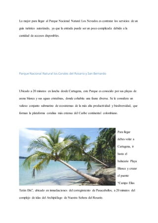 Lo mejor para llegar al Parque Nacional Natural Los Nevados es contratar los servicios de un
guía turístico autorizado, ya que la entrada puede ser un poco complicada debido a la
cantidad de accesos disponibles.
Parque Nacional Natural los Corales del Rosario y San Bernardo
Ubicado a 20 minutos en lancha desde Cartagena, este Parque es conocido por sus playas de
arena blanca y sus aguas cristalinas, donde cohabita una fauna diversa. Se le considera un
valioso conjunto submarino de ecosistemas de la más alta productividad y biodiversidad, que
forman la plataforma coralina más extensa del Caribe continental colombiano.
Para llegar
debes volar a
Cartagena, ir
hasta el
balneario Playa
Blanca y cruzar
el puente
“Campo Elías
Terán Dix”, ubicado en inmediaciones del corregimiento de Pasacaballos, a 20 minutos del
complejo de islas del Archipiélago de Nuestra Señora del Rosario.
 