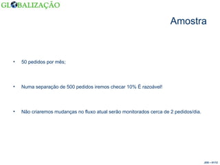 Amostra 50 pedidos por mês; Numa separação de 500 pedidos iremos checar 10% É razoável! Não criaremos mudanças no fluxo atual serão monitorados cerca de 2 pedidos/dia. JDS – 01/12 