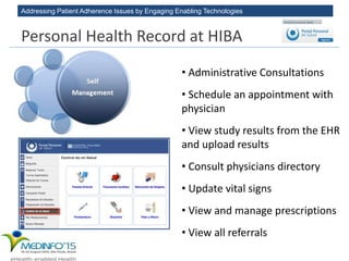 Addressing Patient Adherence Issues by Engaging Enabling Technologies
• Administrative Consultations
• Schedule an appointment with
physician
• View study results from the EHR
and upload results
• Consult physicians directory
• Update vital signs
• View and manage prescriptions
• View all referrals
Personal Health Record at HIBA
 