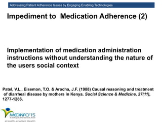 Addressing Patient Adherence Issues by Engaging Enabling Technologies
Impediment to Medication Adherence (2)
Implementation of medication administration
instructions without understanding the nature of
the users social context
Patel, V.L., Eisemon, T.O. & Arocha, J.F. (1988) Causal reasoning and treatment
of diarrheal disease by mothers in Kenya. Social Science & Medicine, 27(11),
1277-1286.
 