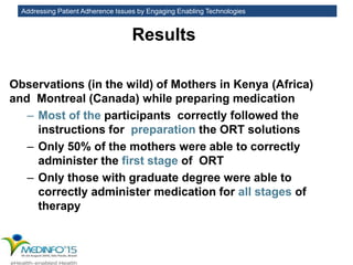Addressing Patient Adherence Issues by Engaging Enabling Technologies
Results
Observations (in the wild) of Mothers in Kenya (Africa)
and Montreal (Canada) while preparing medication
– Most of the participants correctly followed the
instructions for preparation the ORT solutions
– Only 50% of the mothers were able to correctly
administer the first stage of ORT
– Only those with graduate degree were able to
correctly administer medication for all stages of
therapy
 